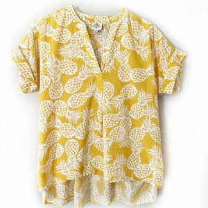 Tropical Linen Cotton Blend Pineapple Hawaiian Top Shirt Yellow Mustard Medium